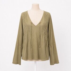 CP‎ Shades 100% Cotton Pintuck Long Sleeve Top Size L Green Boho Indie Luxury